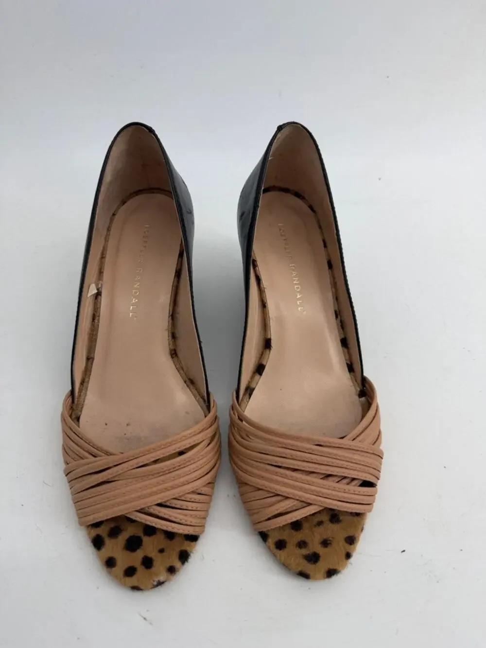 Loeffler Randall leather leopard print calf hair strappy wedge heel sz 6.5